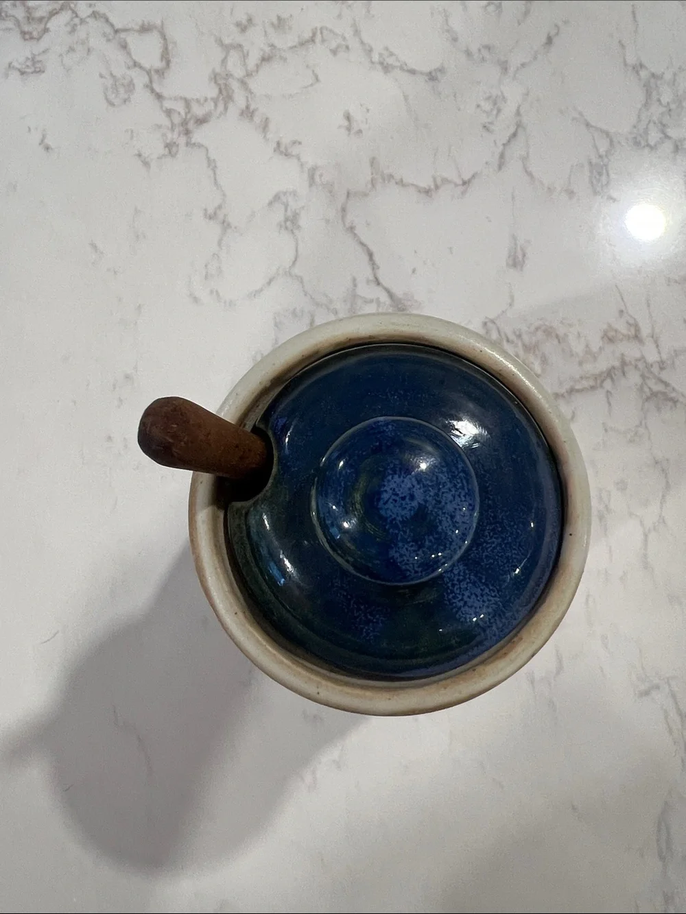 Handmade Blue Ceramic Honey Jar, Lid and Dipper, Homestead Pottery, Waco, Texas